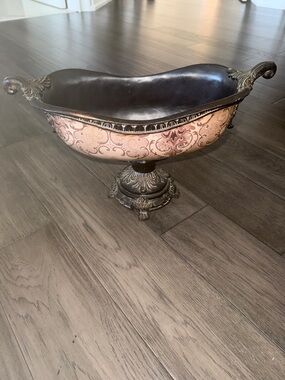 Ornate Decorative Pedestal Bowl - tan and Antique like brown